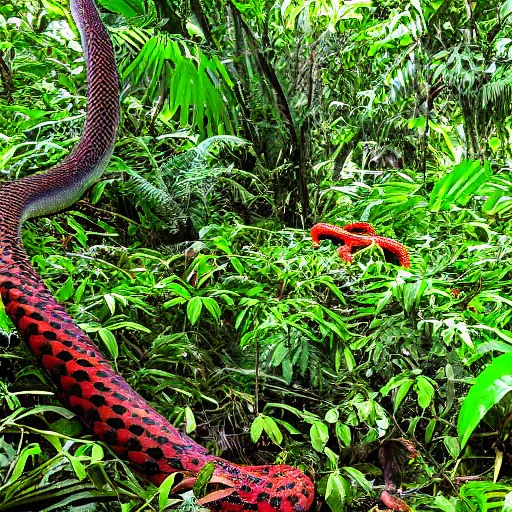 Image similar to thick jungle with brightly colored snakes everywhere. very dark