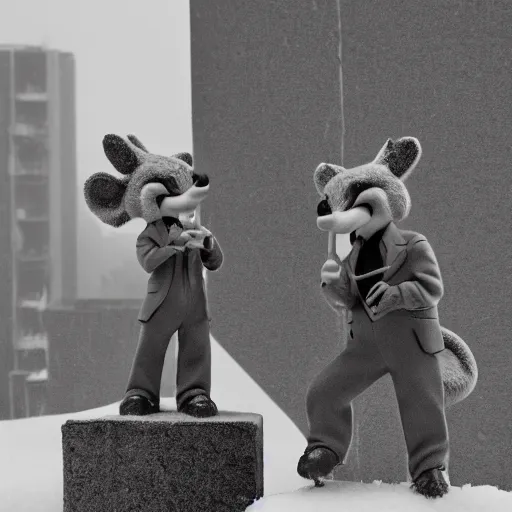 Image similar to realistic macro photo of Chip and Dale smoking, winter, brutalist houses at the background