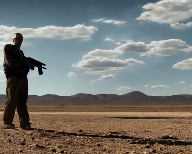 Prompt: 4 k still from breaking bad, starring xi jinping in the desert wearing white underwear holding gun, dramatic lighting