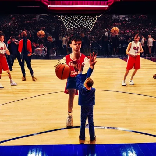 Image similar to Mike from stranger things playing basketball and making a shot in an nba stadium , close up shot, wide angle, lens flares