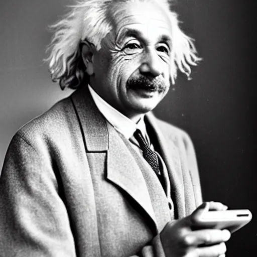 Image similar to a professional picture of albert einstein holding a phone