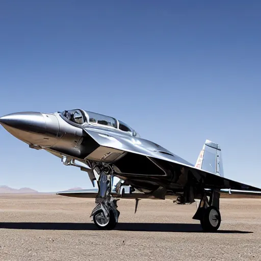 Image similar to Chrome F4 Phantom, chrome fighter jet, shiny, reflective, parked in Nevada desert, ultra high detail