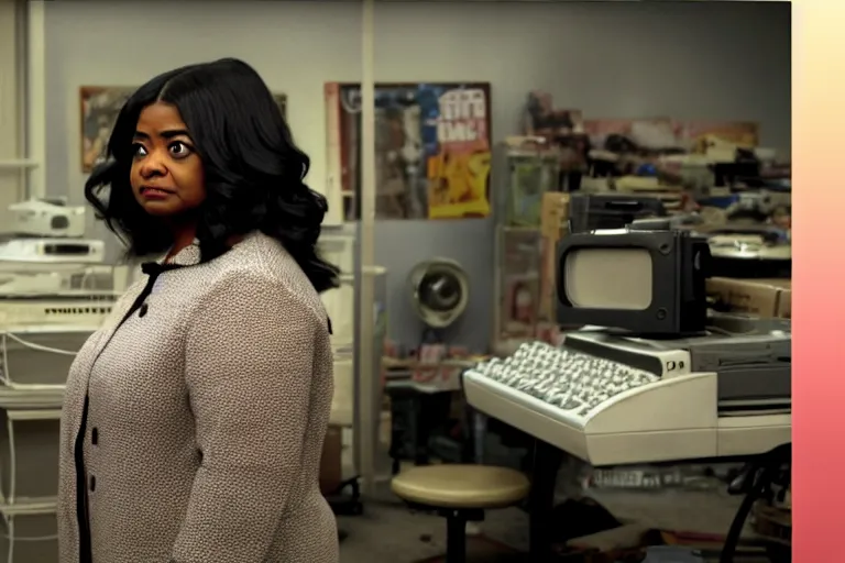 Image similar to cinematic screenshot of octavia spencer in a used electronics store standing in front of an old keyboard, iconic scene from the paranoid sci fi thriller film directed by pt anderson, apartment set in the near future, cinematic shot with anamorphic lenses, color theory, apartment design, leading lines, photorealistic, volumetric lighting, 2 0 2 2 4 k film