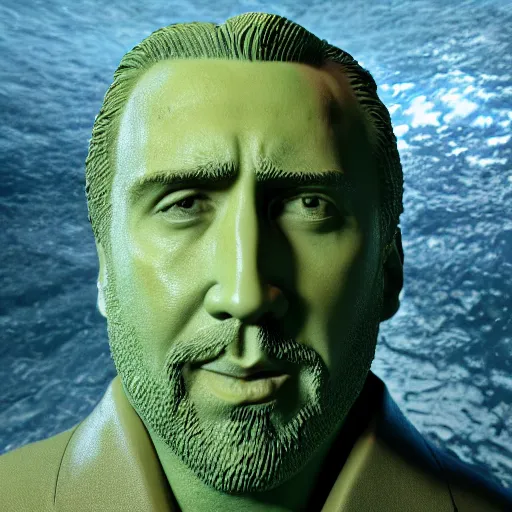 Prompt: Nicolas Cage mossy statue, green moss all over, bottom of the ocean, deep ocean, bottom of ocean, dark, 35mm, fish, 4k, detailed, photorealistic, photo, unreal engine 5,