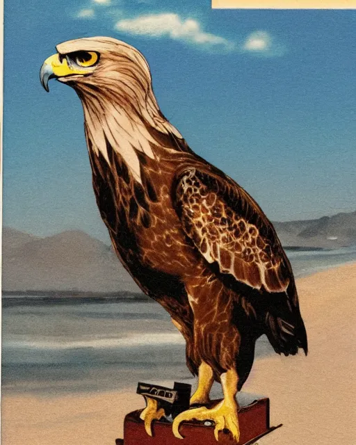 Prompt: postcard showing 'a cool golden eagle perched on a beach chair with sunglasses and a martini' laying on coffee table