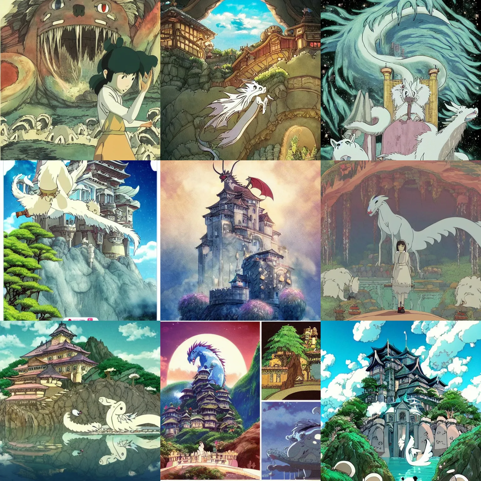 Prompt: a magical palace on a mountain, a white dragon spirit flying in the sky, miyazaki's animated film, ghibli studio, spirited away, princess mononoke,