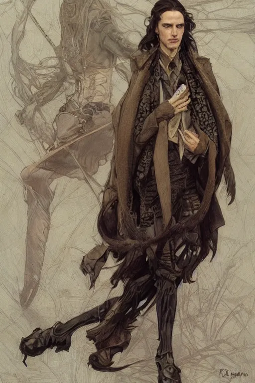 Image similar to skinny male fantasy alchemist, long dark hair, 1 9 2 0 s fashion, elegant, highly detailed, intricate, smooth, sharp focus, artstation, digital paining, concept art, art by donato giancola, greg rutkowski, artgerm, cedric peyravernay, valentina remenar, alphonse mucha