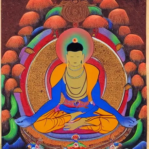 Prompt: tibetan tantra art featuring monks worshipping magic mushrooms