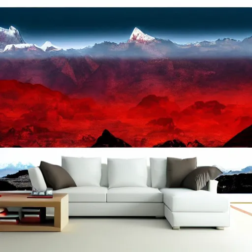 Prompt: The blood landscape with mountains in the background, Sci-Fi fantasy wallpaper, painted, 4k, high detail, sharp focus