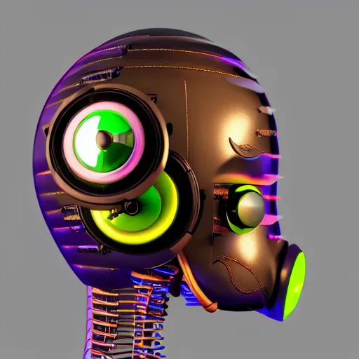 Image similar to a glossy claymodel of a steampunk robot head with glowing headphones, 8 k, symetrical, flourescent colors, halluzinogenic, multicolored, very detailed, black background, 3 d render,