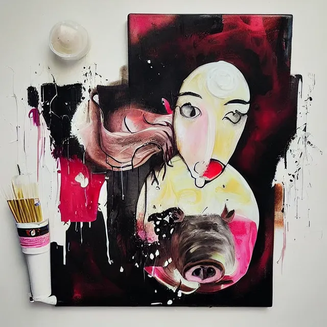 Image similar to “ a portrait in a female art student ’ s apartment, sensual, a pig theme, art supplies, paint tubes, ikebana, herbs, a candle dripping white wax, black walls, squashed berries, berry juice drips, acrylic and spray paint and oilstick on canvas, surrealism, neoexpressionism ”