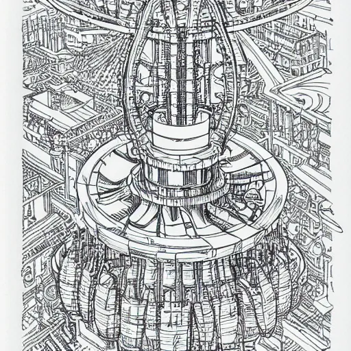 Image similar to Simplistic coloring book of a turbine blueprint, black ball pen on white paper, by Josan Gonzalez and Geof Darrow