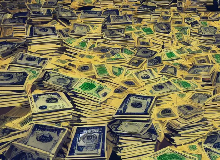 Image similar to surrealist art of nintendo 6 4 console in front of stacks of money