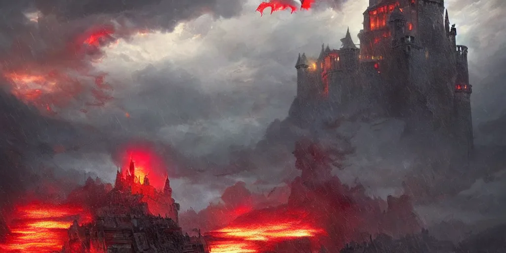 Prompt: A huge red dragon swoops past an imposing medieval castle, breathing fire, dark fantasy, stormy sky, lightning, digital art by Greg Rutkowski and Studio Ghibli