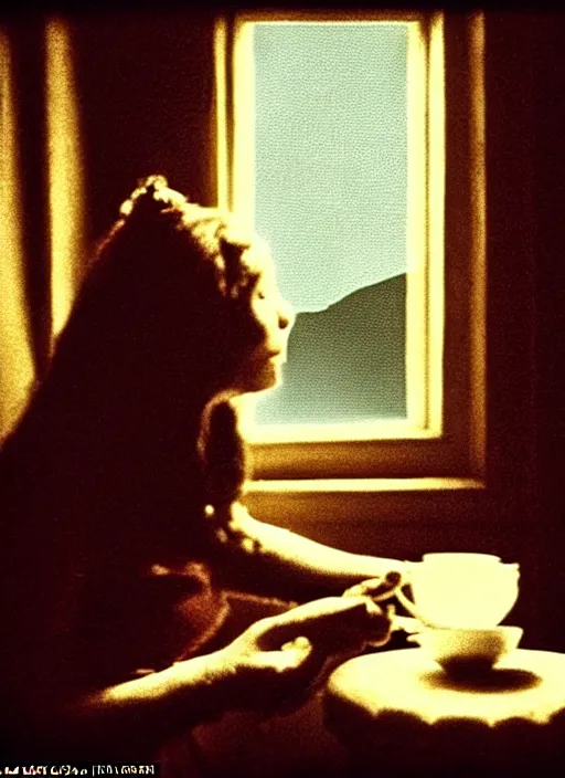 Prompt: A frame from the film 'Knitting at Home sipping some tea' directed by Salvador Dali, 70mm, grainy film photography, chiaroscuro, highly detailed, masterpiece