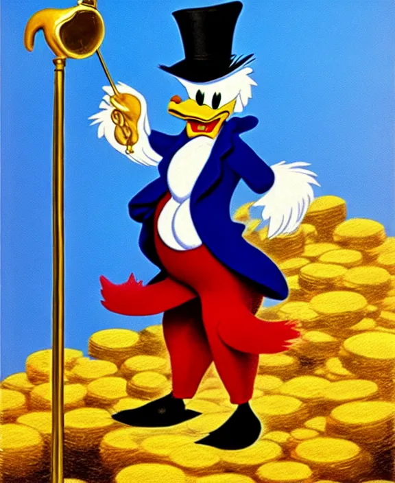 Image similar to Scrooge McDuck from the Duck Tales in blue costume standing on a mountain of golden gold and holding a cane, view from below, full body portrait including head, oil painting, highly detailed