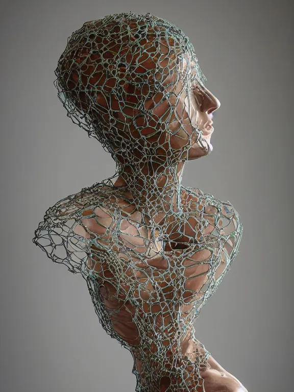 Prompt: bust sculpture of a girl trying to break free, made of translucent web in beautiful organic voronoi and venation patterns, painted by sargent and peter mohrbacher