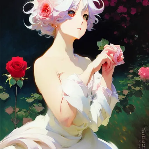 Image similar to beautiful rose anime white - hair girl in elegent black dress, laying on roses, krenz cushart, mucha, ghibli, by joaquin sorolla rhads leyendecker, by ohara koson