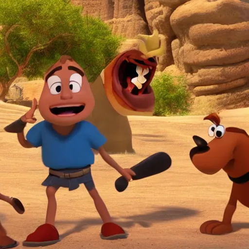 Image similar to film still of David vs Goliath bible story in the style of Disney Pixar Up (2009)