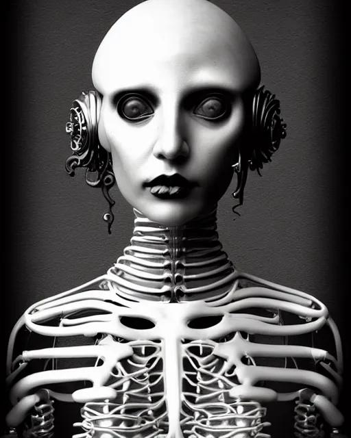 Image similar to black and white dreamy foggy smoky profile face portrait, one silver steampunk realistic eye biomechanical beautiful young female cyclope - cyborg - robot bust, body ribs meshes,, volumetric light, hibiscus flowers, by hg giger, rim light, by dora maar and cecile beaton, big gothic fashion pearl embroidered collar, 8 k