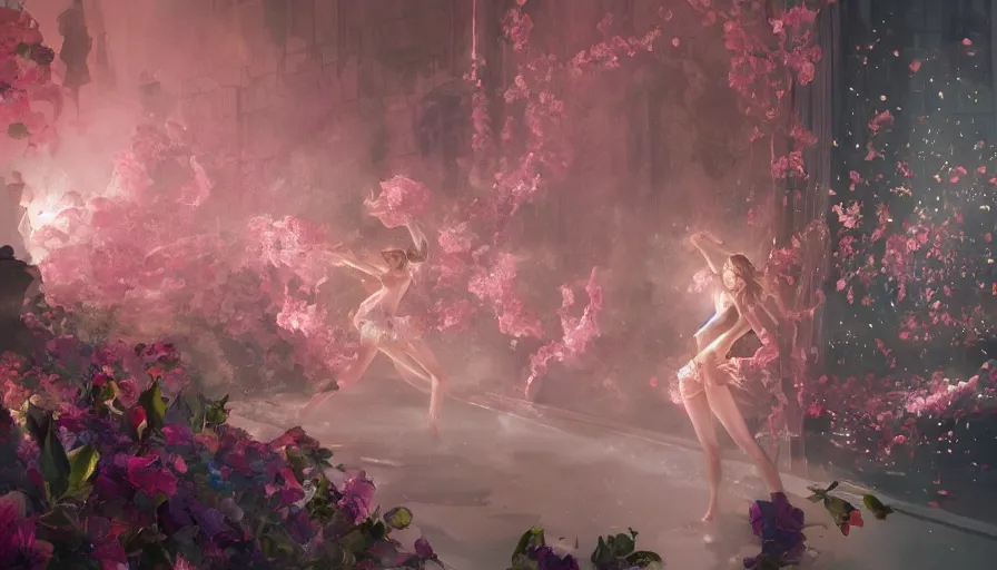 Image similar to victoria secret runway show, light, shadows, reflections, flowers, epic composition, intricate, elegant, volumetric lighting, digital painting, highly detailed, artstation, sharp focus, illustration, concept art, ruan jia, steve mccurry, artgerm and mina petrovic and timothy kong and marina federovna