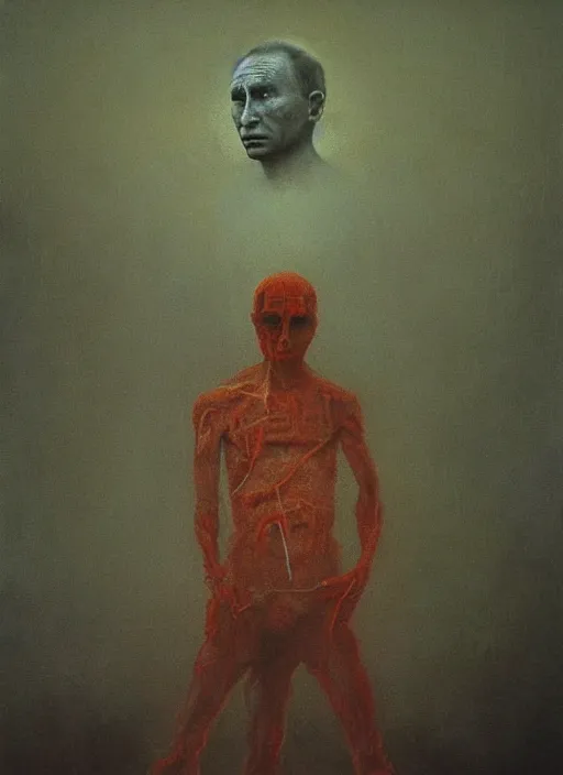 Image similar to Painting in a style of Beksinski featuring Vladimir Putin. Suffering and pain