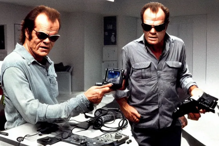 Image similar to Jack Nicholson as Terminator is playing Pokemon on gameboy