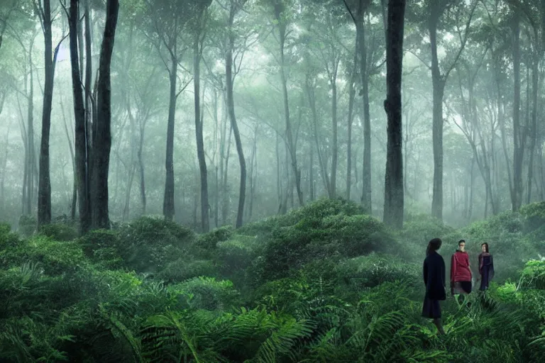 Image similar to tourists visiting a complex organic fractal 3 d ceramic sphere floating in a lush forest, foggy, cinematic shot, photo still from movie by denis villeneuve