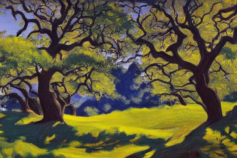 Image similar to masterpiece painting of oak trees on a hillside overlooking a creek, dramatic lighting, by giacomo balla