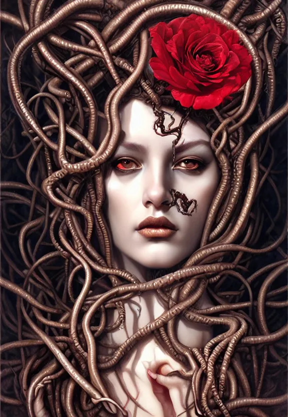 Prompt: , medusa, symmetrical portrait, realistic, full body, black rose, rich detail, by wlop, karol bak photo - grade