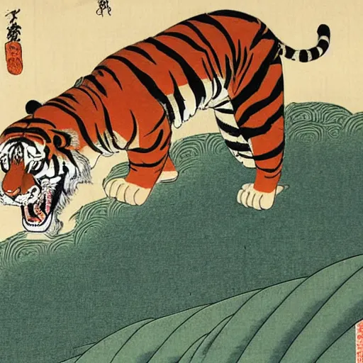 Image similar to a tiger surfing the internet, ukiyo - e art