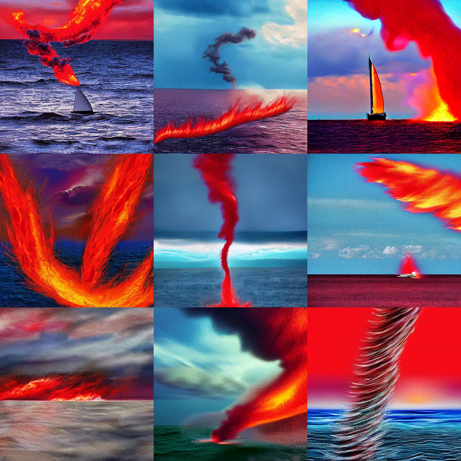 Prompt: Digital art. Fire tornado in the open ocean. The stormy sky smoothly turning into the sea. ninth shaft. Small sailboat. Soft colors. Crimson tones, Scarlet tones.