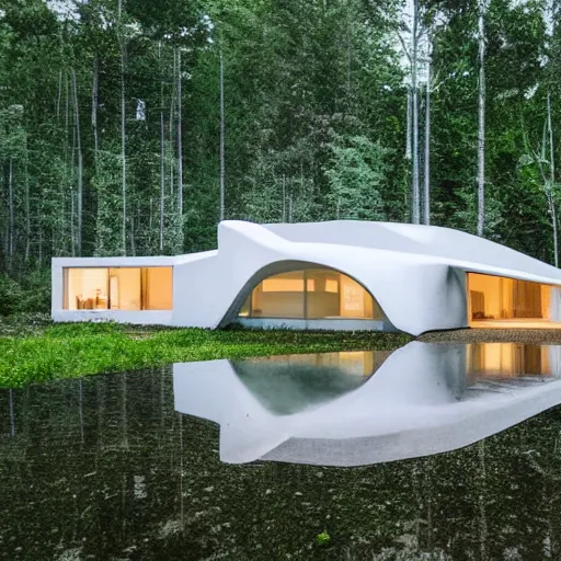 Image similar to cozy futuristic organic white concrete house in the middle of a lush and dense forest at night, a beautiful lake next to it, night time, night sky, starry night sky, atmospheric