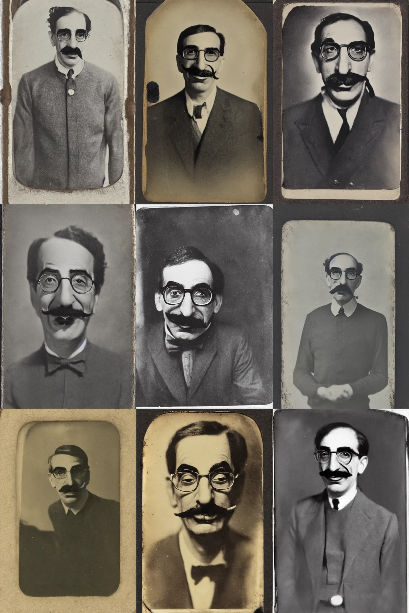Prompt: an old tintype photograph of Groucho Marx without moustache