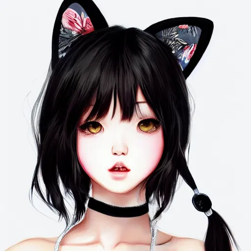 Image similar to realistic beautiful gorgeous curvy natural cute Blackpink Lalisa Manoban black hair cute fur black cat ears, wearing white camisole, headphones, black leather choker artwork drawn full HD 4K highest quality in artstyle by professional artists WLOP, Taejune Kim, Guweiz on Pixiv Artstation