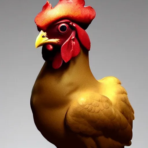 Image similar to breathtaking portrait of a chicken chocolate sculpture, art concept, artstation, sharp focus, botero style