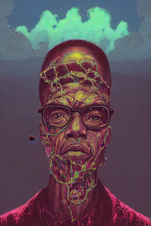 Image similar to 4K Malcom X cyberskull portrait inspired in beksinski and dan mumford work, remixed with Simon Stalenhag work, sitting on the cosmic cloudscape