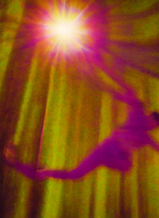 Image similar to female ascending into the sky, glowing aura, motion blur, out of focus, film grain, cinematic lighting, experimental film, echoes, shot on 1 6 mm