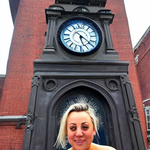 Image similar to A detailed photo of Kaley Cuoco under the Eastgate clock in Chester. Behind her we see a black panther