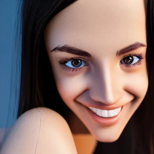 Image similar to beautiful portrait of a cute thin young woman, hyperrealistic full figure, athletic body, six pack, abs, concentrated look, cute smile, highly detailed, detailed face and eyes, long black hair, flushed face, blue eyes, golden hour, volumetric lighting, 8 k, portrait, 3 0 mm f 1. 8,