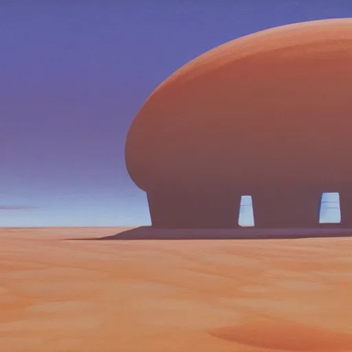 Image similar to a syd mead and ralph maquarrie style matte painting of a twirling futuristic building on a huge crater in tropical desert