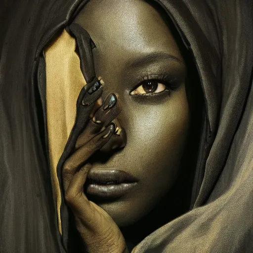 Image similar to a portrait of a young black woman wearing a long dark cloak, hood and shadows covering face, anatomically correct, beautiful perfect face, enigmatic, oil painting, matte painting, black background, Volumetric Golden dappled dynamic lighting, Highly Detailed, Cinematic Lighting, Unreal Engine, 8k, HD, by Beksinski