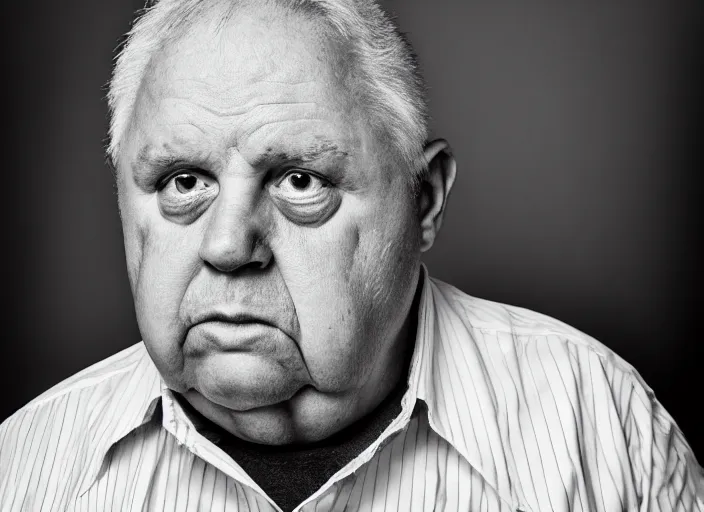 Image similar to high resolution black and white portrait with an 8 0 mm f / 4. 4 lens of a fat 7 0 year old intelligence agent looking very serious with a face like he is guarding a secret.