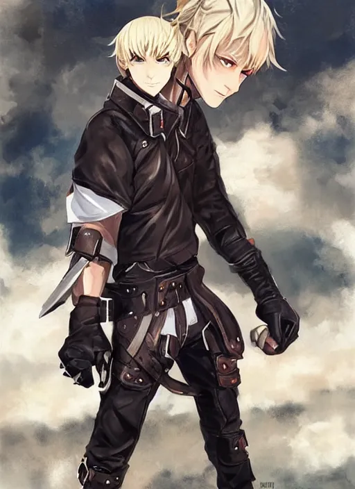 Image similar to a blonde boy thief in leathers with a metal armband in the style of krenz cushart