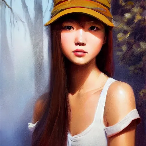 Image similar to oil painting by ilya kuvshinov,, chad knight, artgerm craig mullins, coby whitmore, of a youthful japanese girl, long hair, hunter's outfit, hunter's hat,, holding a rifle highly detailed, breathtaking face, studio photography, noon, intense bounced light, water reflection, large tree casting shadow, serine intense sunlight