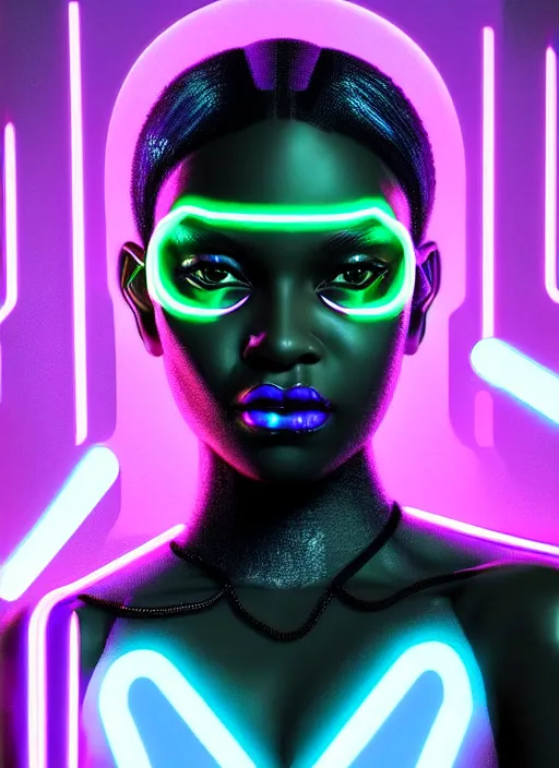 Image similar to photorealistic portrait of black american female humanoid, cyber neon lights, highly detailed, cyberpunk high fashion, elegant, crispy quality, trending in artstation, trending in pinterest, glamor pose, no signature, no watermark, cinematic, art by pascal blanche