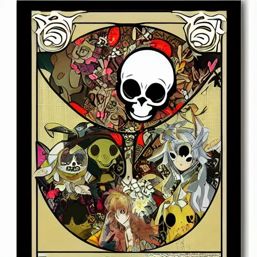 Image similar to anime manga skull portrait pikachu animal pokemon cartoon skeleton illustration style by Alphonse Mucha pop art nouveau