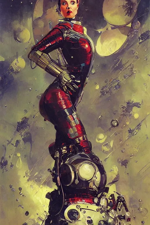 Image similar to pulp scifi fantasy illustration full body portrait of elegant woman wearing latex spacesuit, by norman rockwell, jack kirby, john berkey, bergey, craig mullins, ruan jia, raymond swanland, jeremy mann, beksinski, tom lovell, rodney matthews