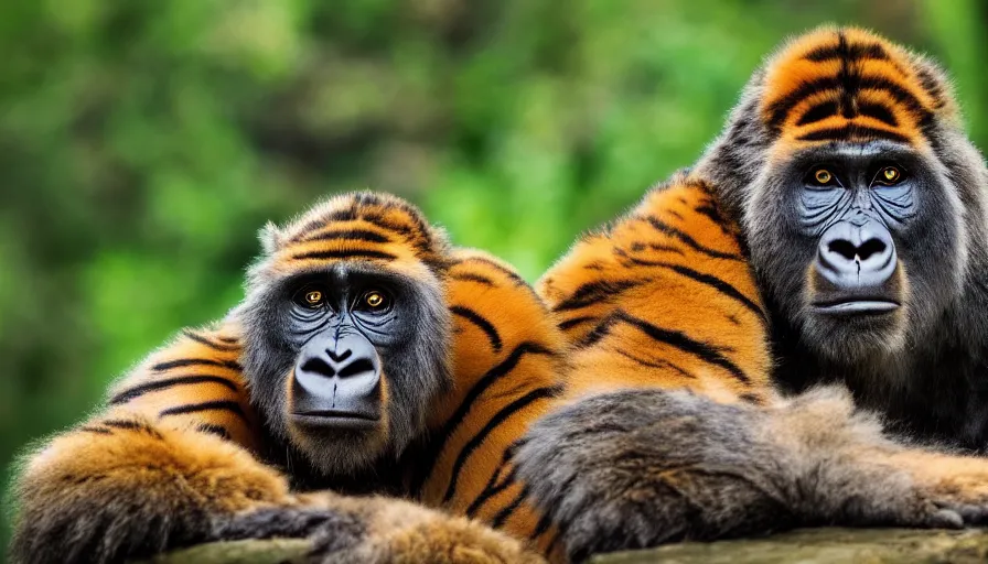 Image similar to a tiger gorilla!!! hybrid! hyper realistic!! realistic lighting!! wildlife photographer of the year!!! bold natural colors, national geographic, hd, wide angle, 8 k