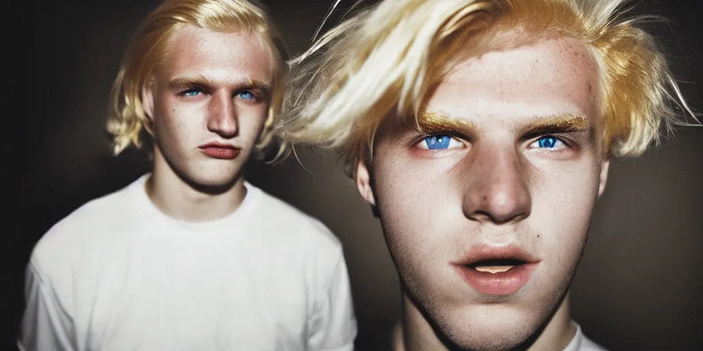 Image similar to handsome young man with blond hair terror love pain joy fear moody lighting golden hour highly detailed sharp zeiss lens 1. 8 high contrast wolfgang tillmans ryan mcginley david armstrong